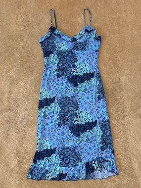 La Belle Floral Blue Slip Dress with Ruffle Hem
